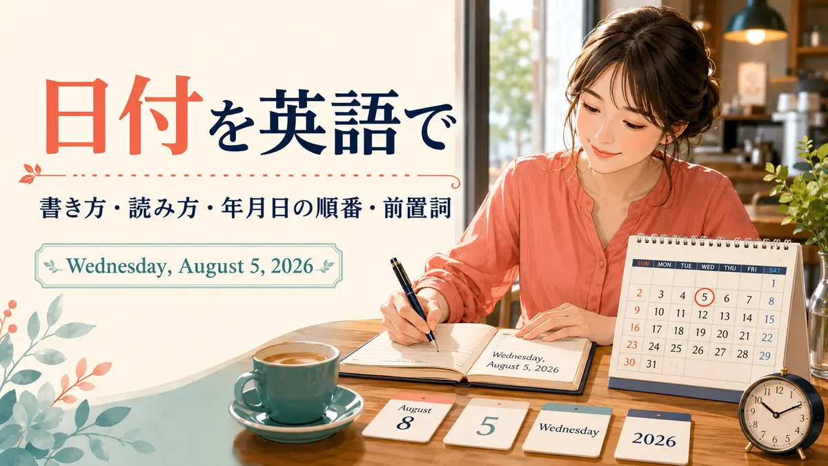 日付を英語で書く・読む方法を学ぶ女性と英語カレンダー
