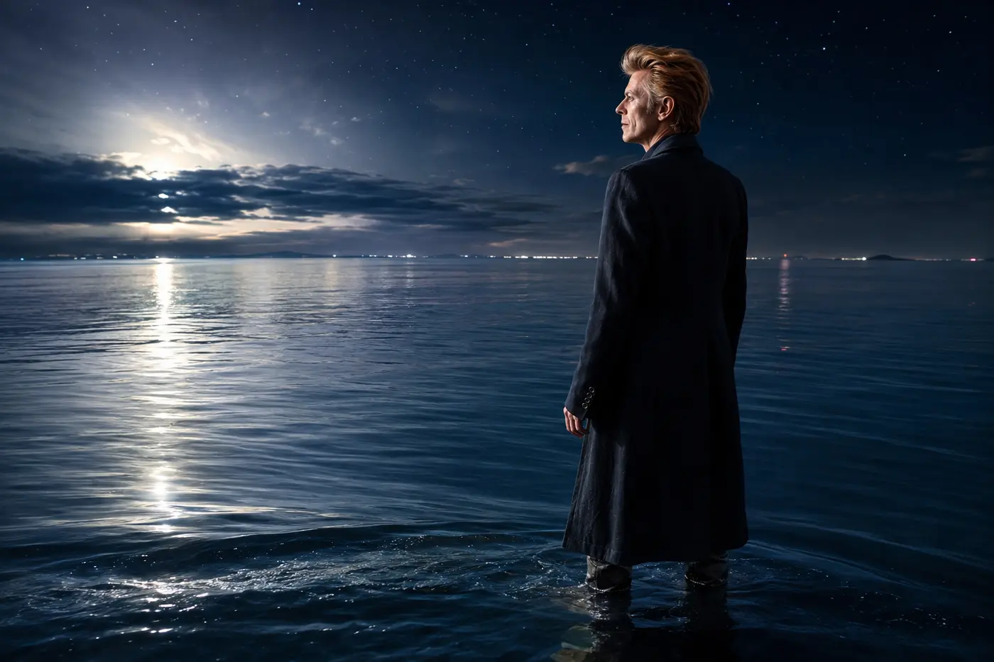 夜の海で未知の場所へ進むデヴィッド・ボウイをイメージした画像