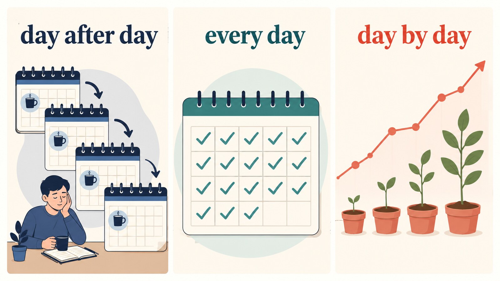 day after day・every day・day by dayの意味の違いを表す比較図