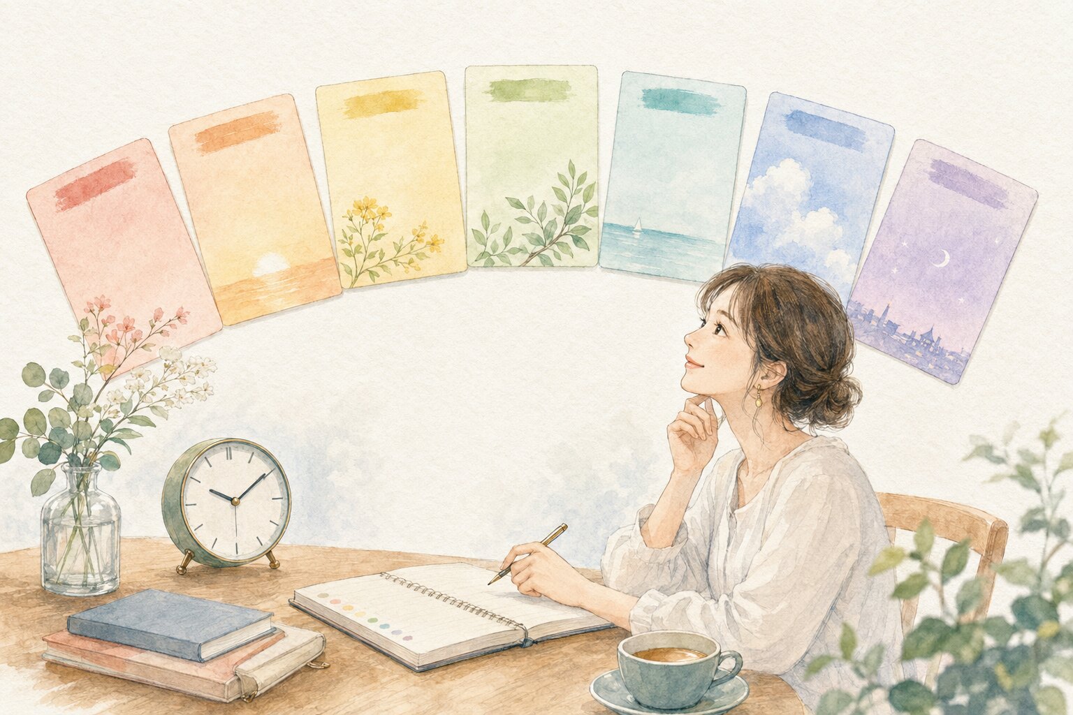 7枚のカードを見ながら英語の曜日を学ぶ女性の水彩イラスト