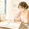 英語の曜日を週間プランナーで学ぶ女性の水彩イラスト