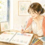 英語の曜日を週間プランナーで学ぶ女性の水彩イラスト