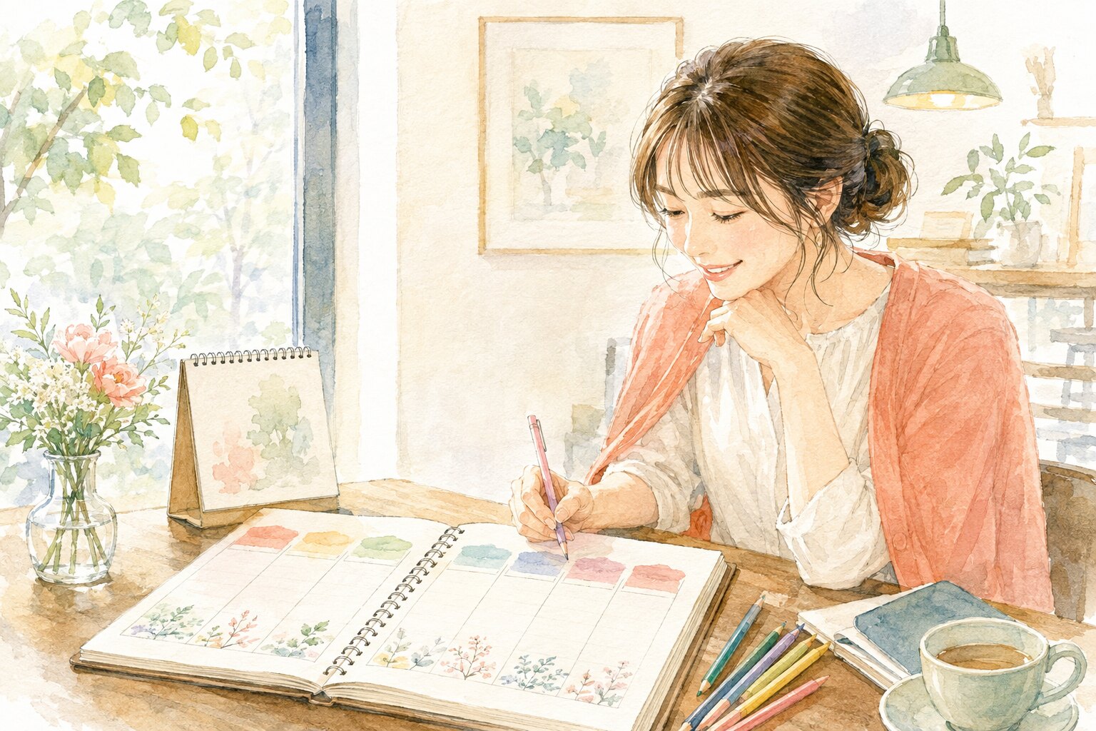 英語の曜日を週間プランナーで学ぶ女性の水彩イラスト