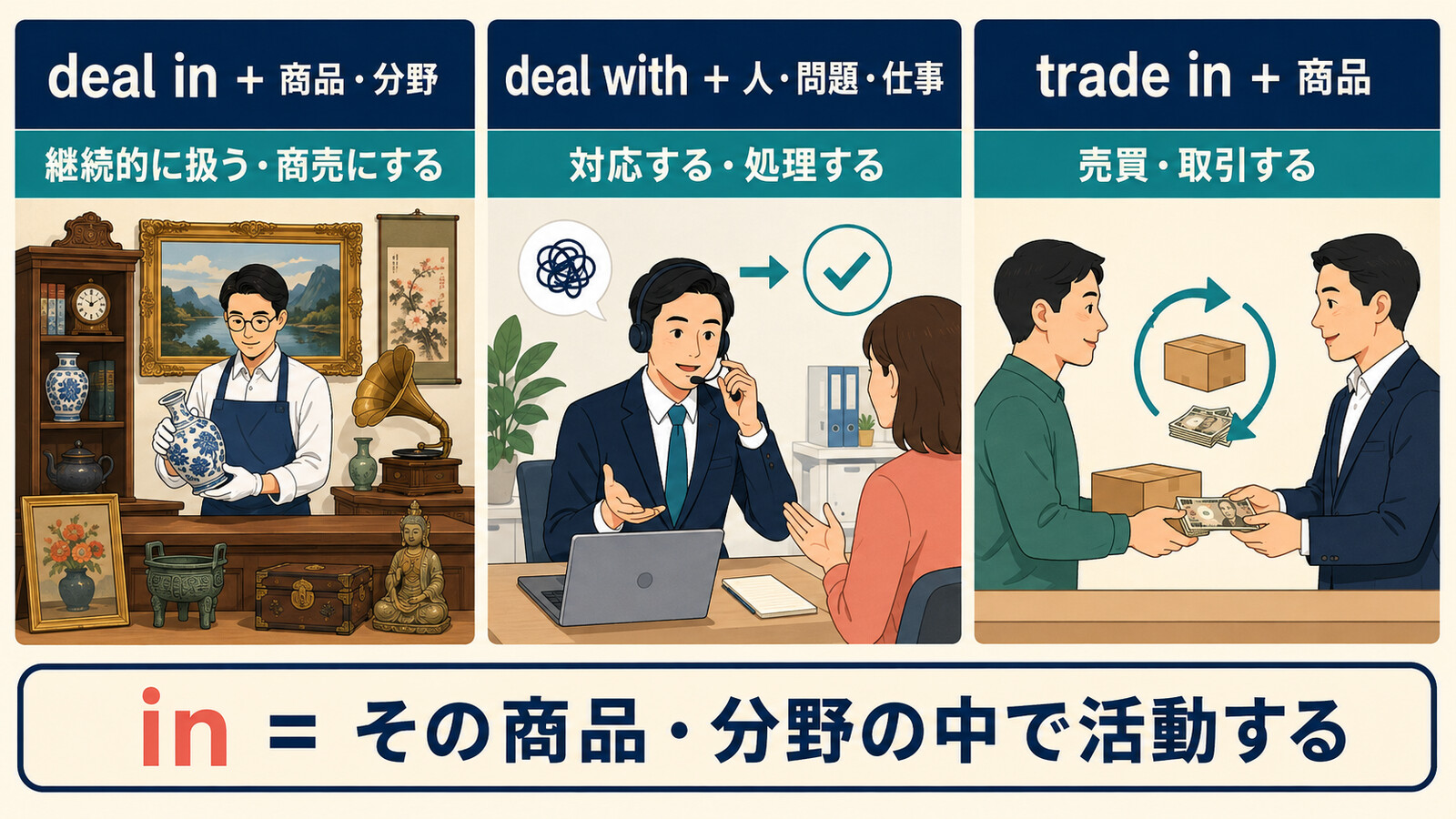 deal inとdeal withとtrade inの意味と使い方の違い