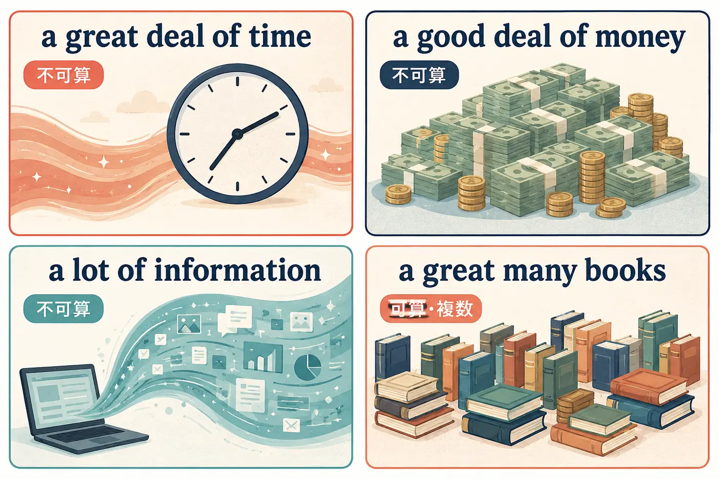 a great deal ofなどの不可算名詞とa great manyの可算名詞の違いを示す図解
