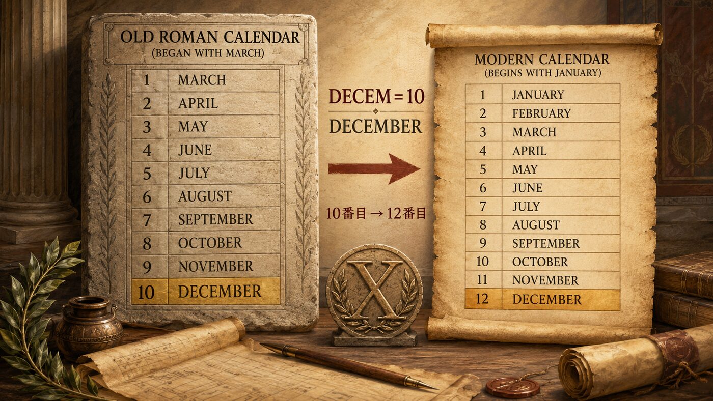 Decemberが3月始まりの暦で10番目だったことを示す由来イラスト