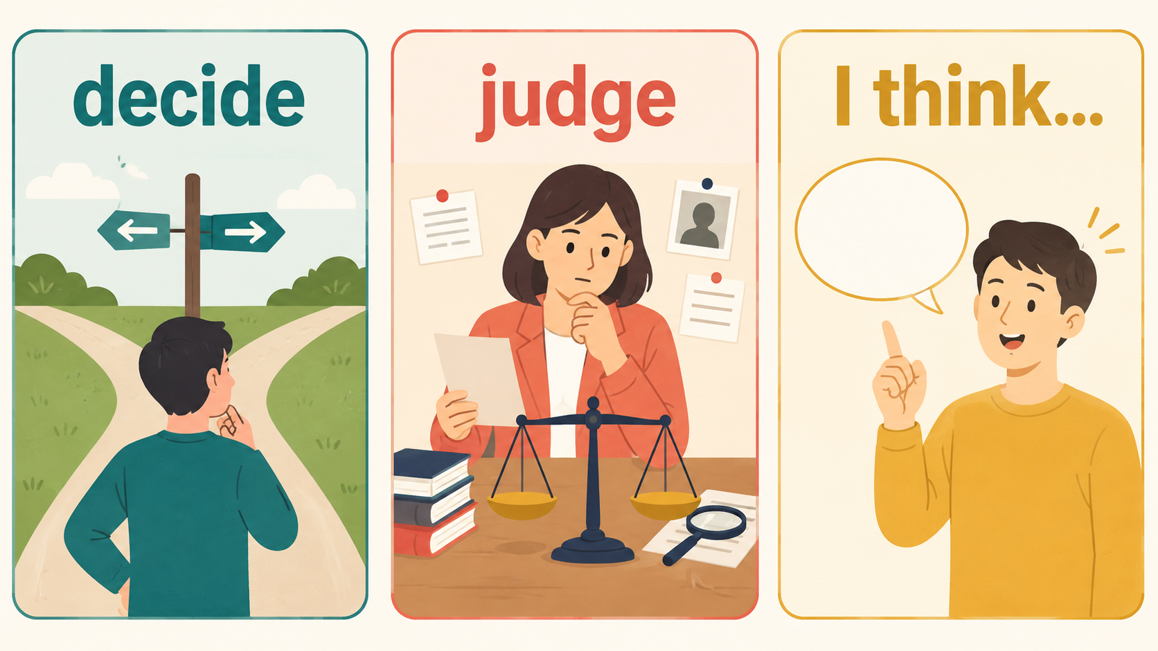 decide、judge、I thinkの違いを示す比較図