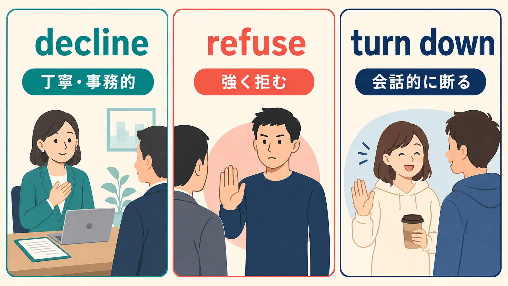decline・refuse・turn downの断り方のニュアンス比較図