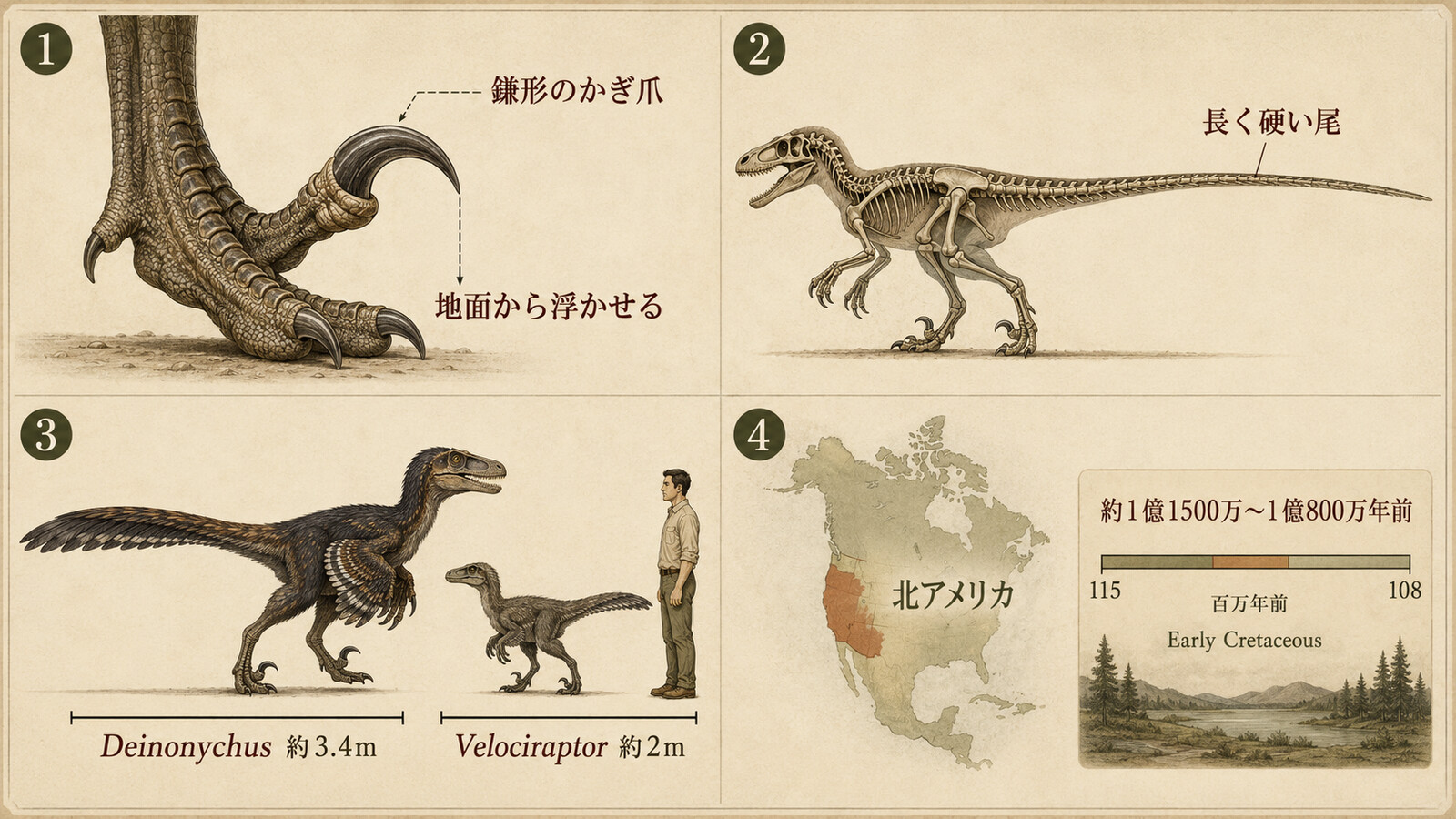 デイノニクスの鎌形のかぎ爪・長く硬い尾・ヴェロキラプトルとの体長差・北アメリカの生息地を示す図