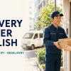 外国人の受取人へ荷物を手渡す配送ドライバー