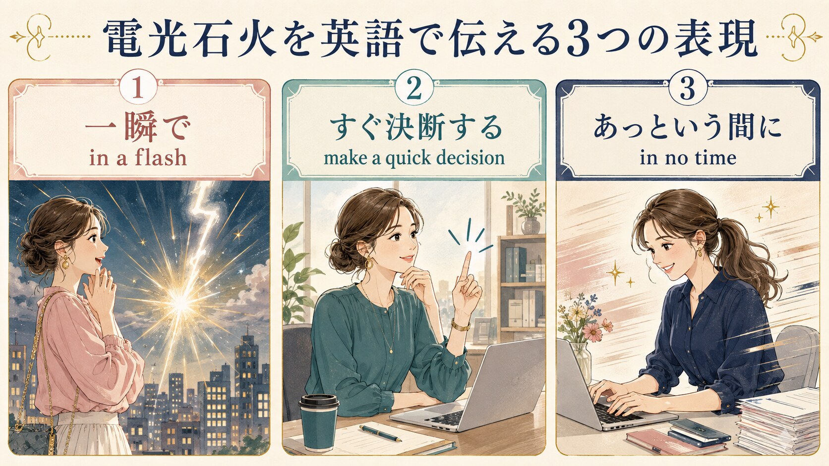 電光石火を英語で伝えるin a flash・quick decision・in no time