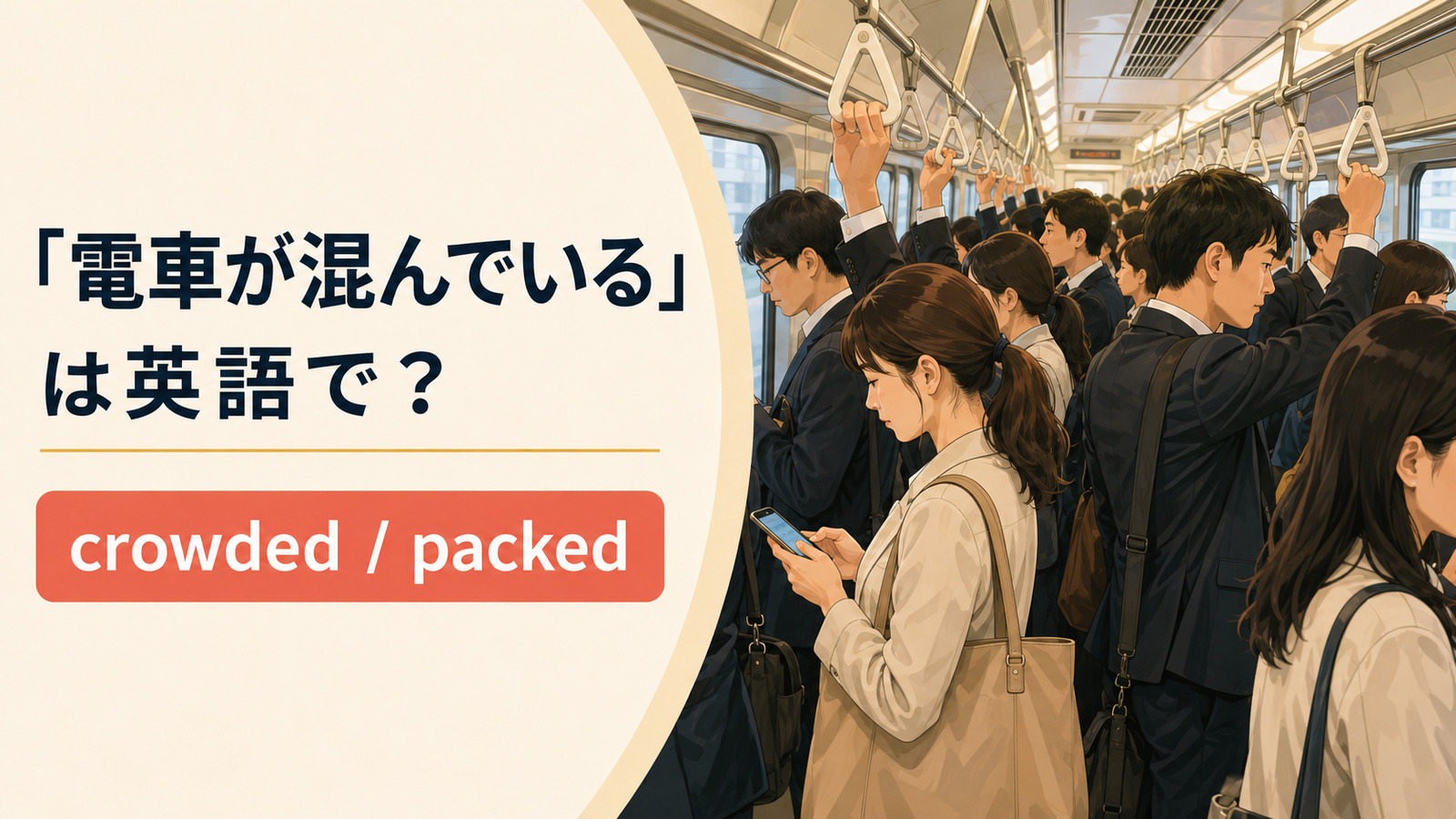 混雑した通勤電車の車内と「電車が混んでいるは英語で？ crowded / packed」の文字
