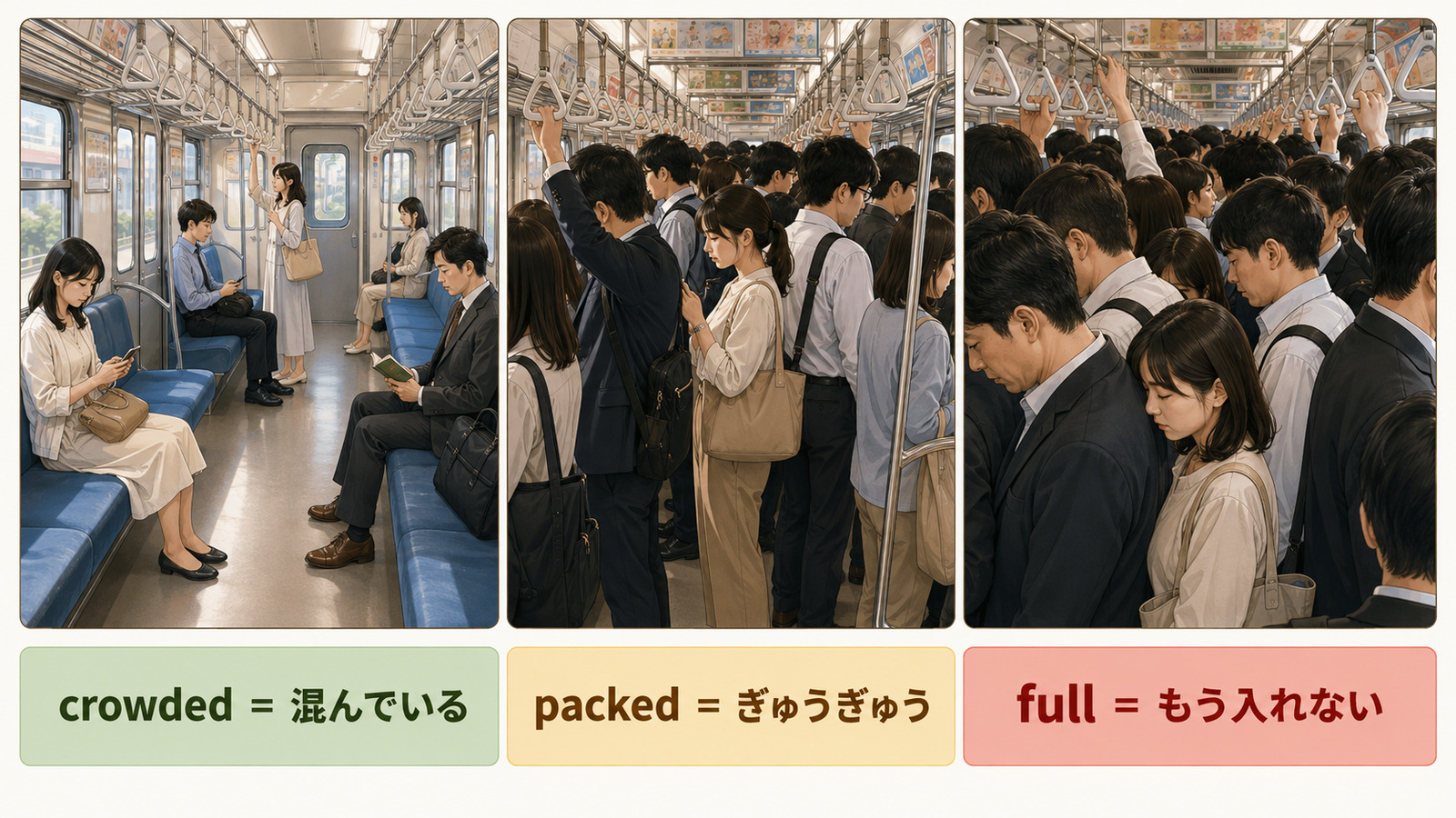 電車の混雑度をcrowdedは混んでいる、packedはぎゅうぎゅう、fullはもう入れないの3段階で示す比較イラスト