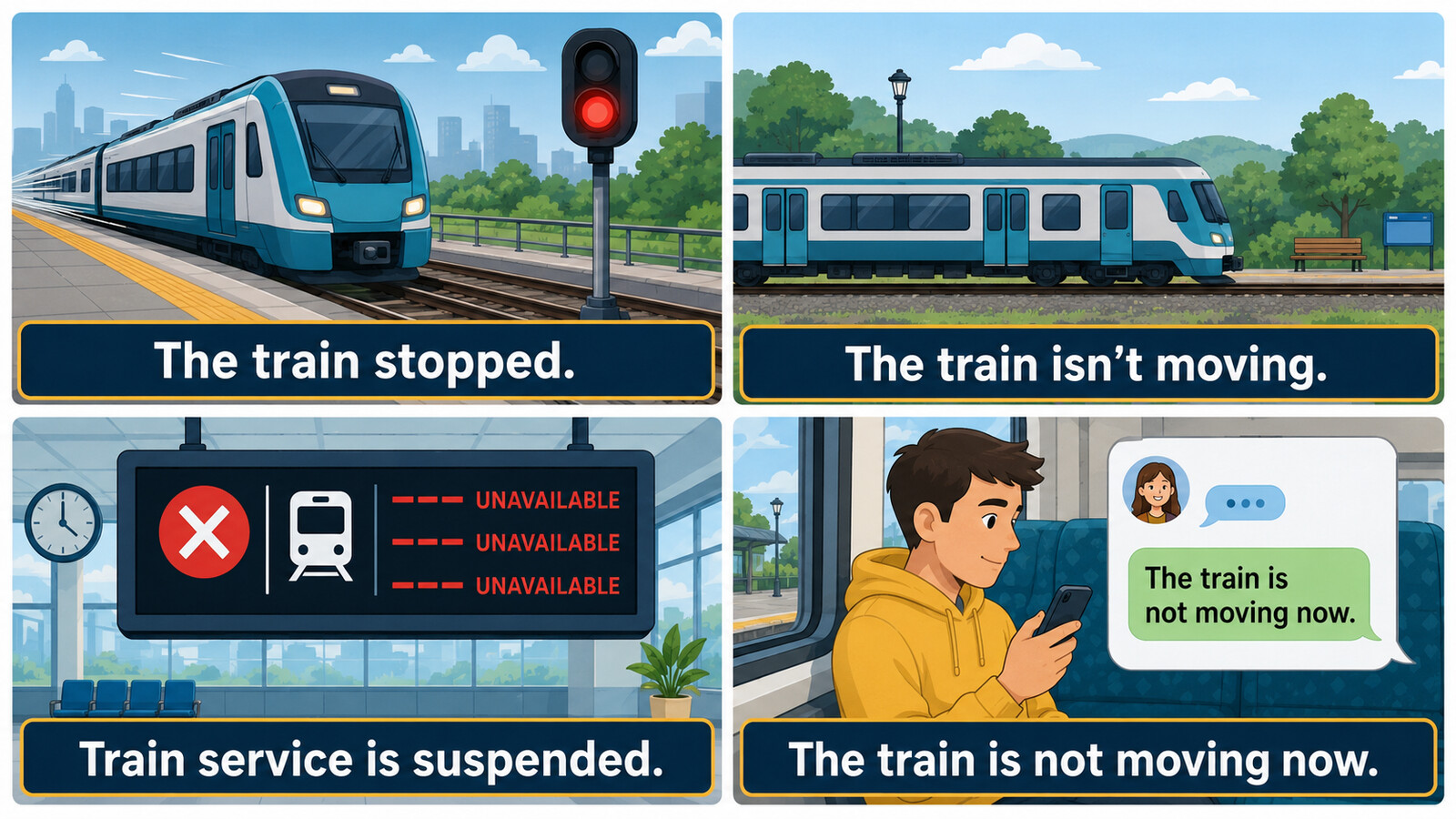The train stopped・isn’t moving・service is suspendedと簡単な言い換えの比較