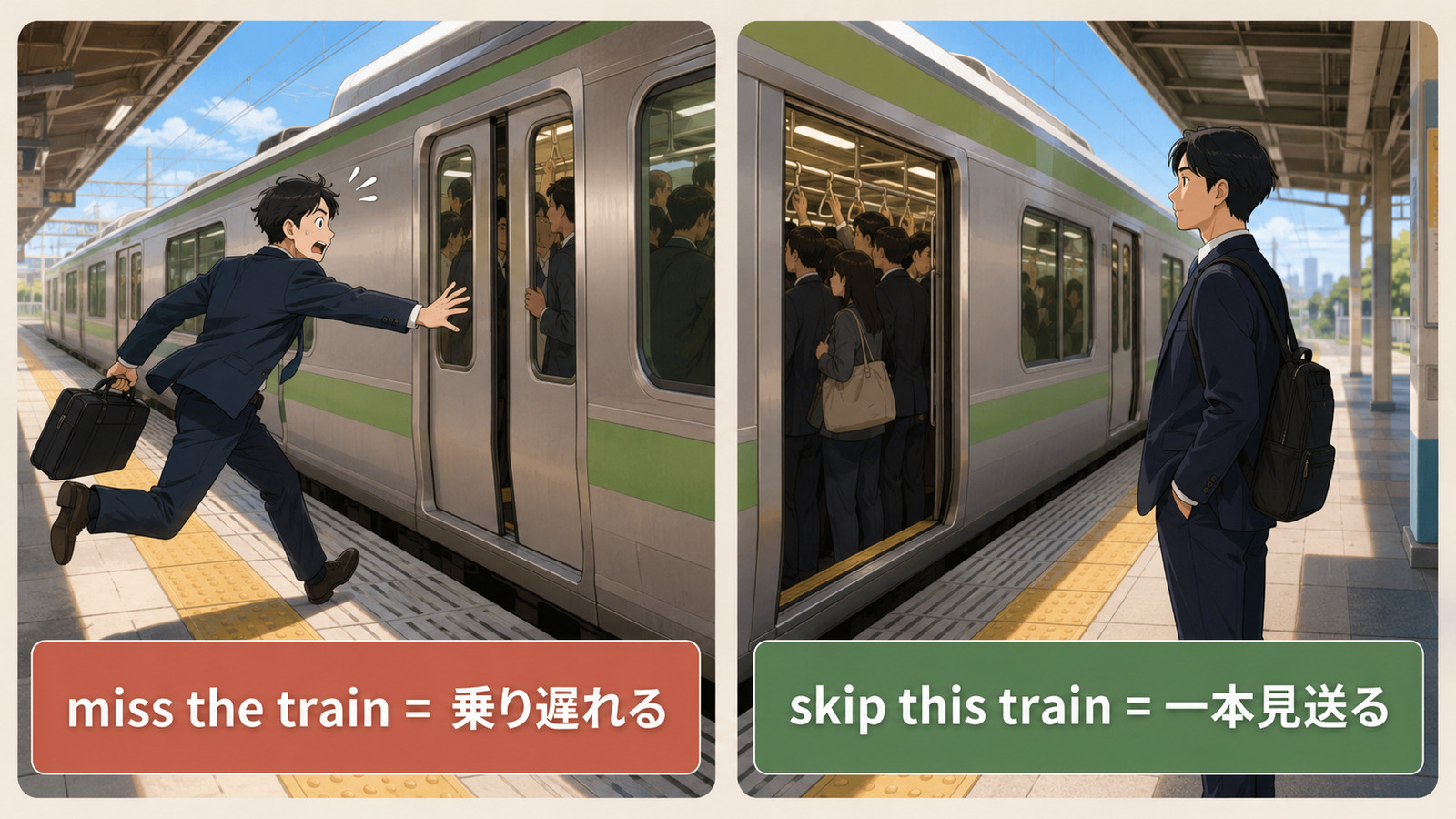 miss the trainは電車に乗り遅れる、skip this trainは電車を一本見送るという違いを示す比較イラスト