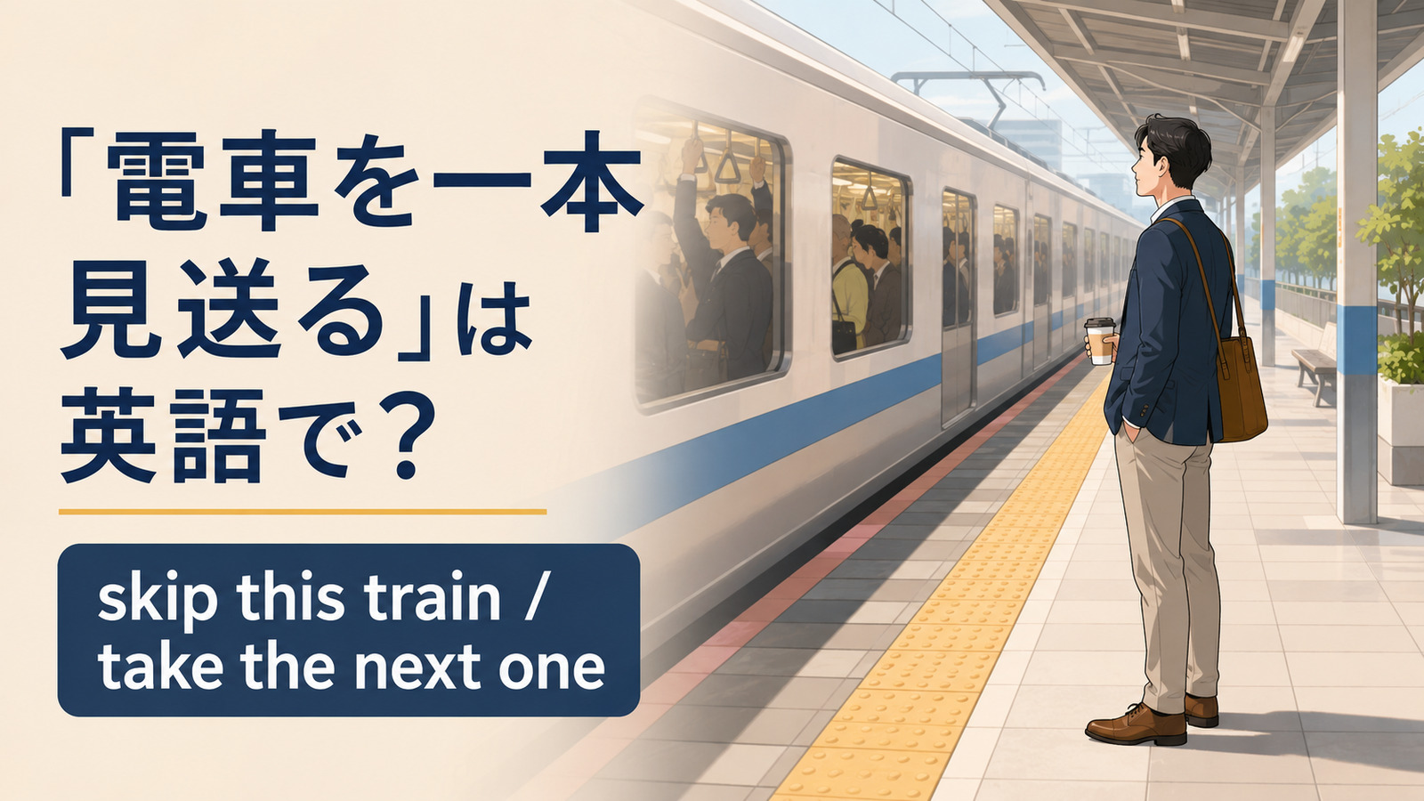 混雑した電車を一本見送り次の電車を待つ男性と「電車を一本見送るは英語で？ skip this train / take the next one」の文字