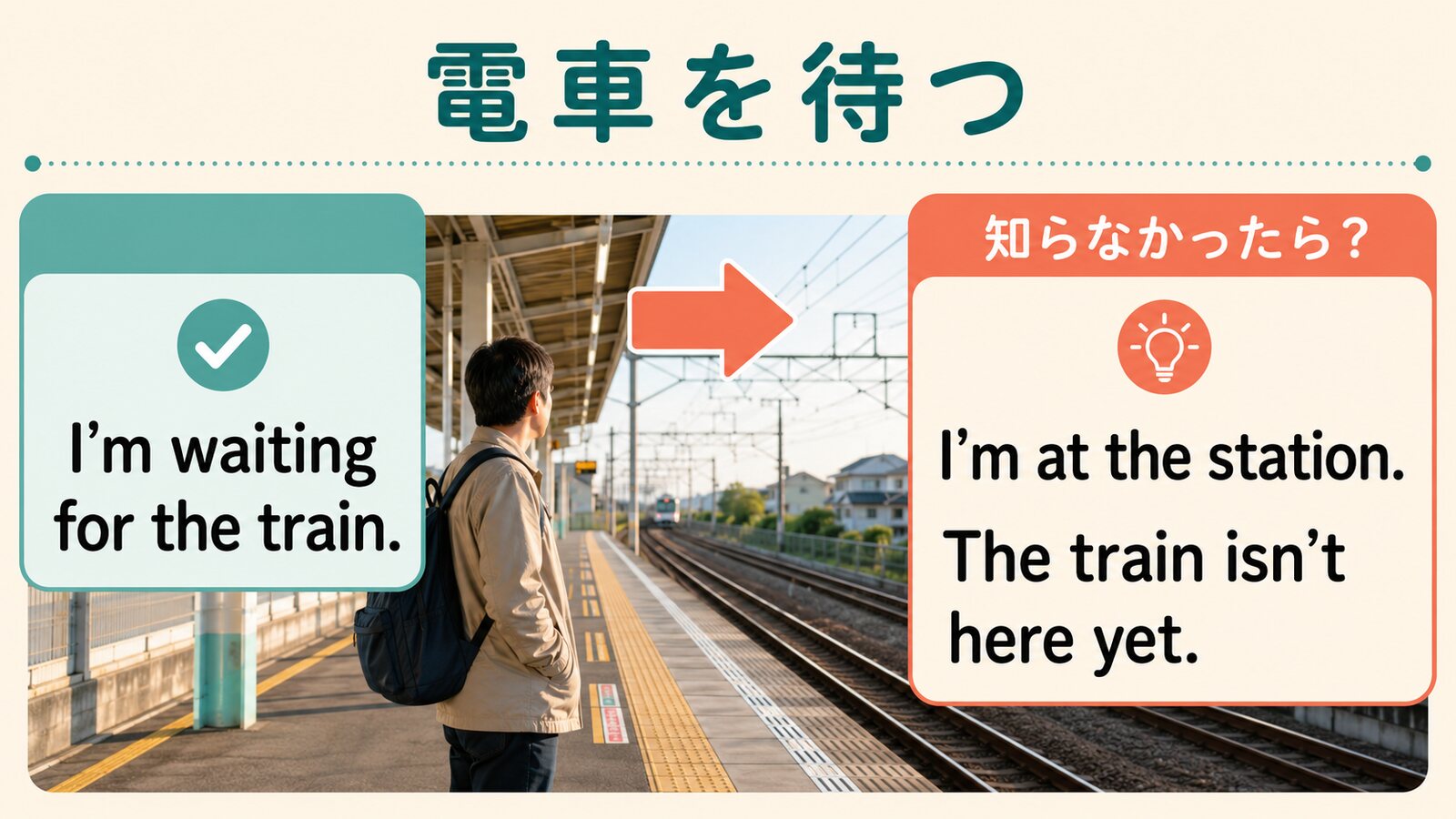 電車を待つを I'm at the station. The train isn't here yet. と簡単な英語で説明するイラスト