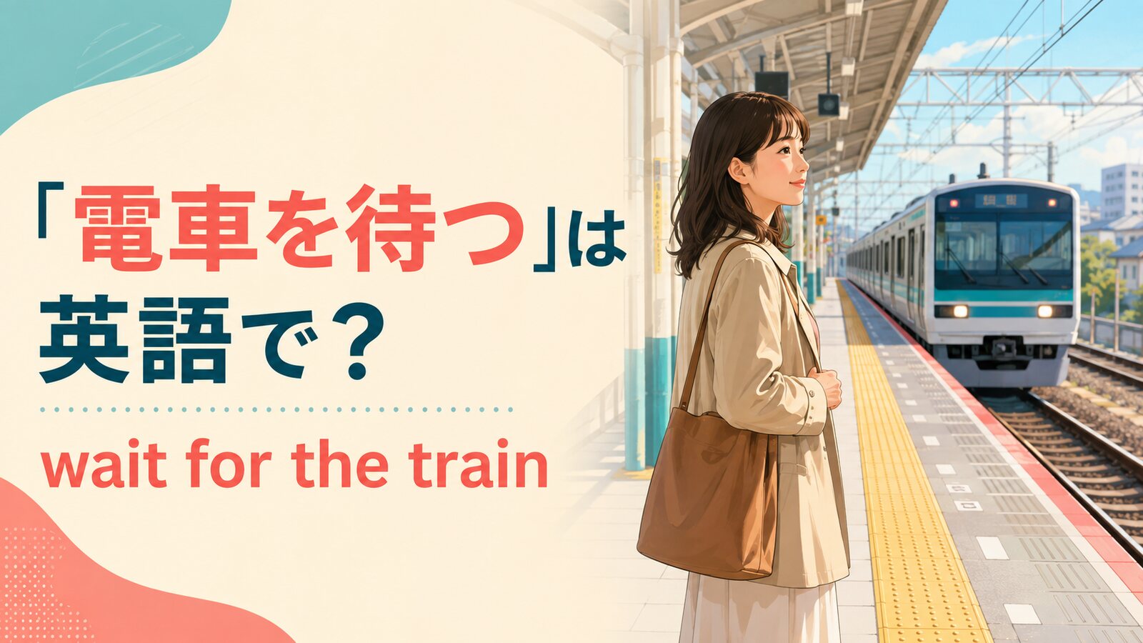 駅のホームで電車を待つ女性と「電車を待つは英語で? wait for the train」の文字