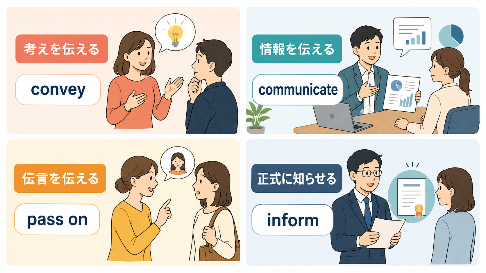考え・情報・伝言・正式通知を伝える英語表現の違い