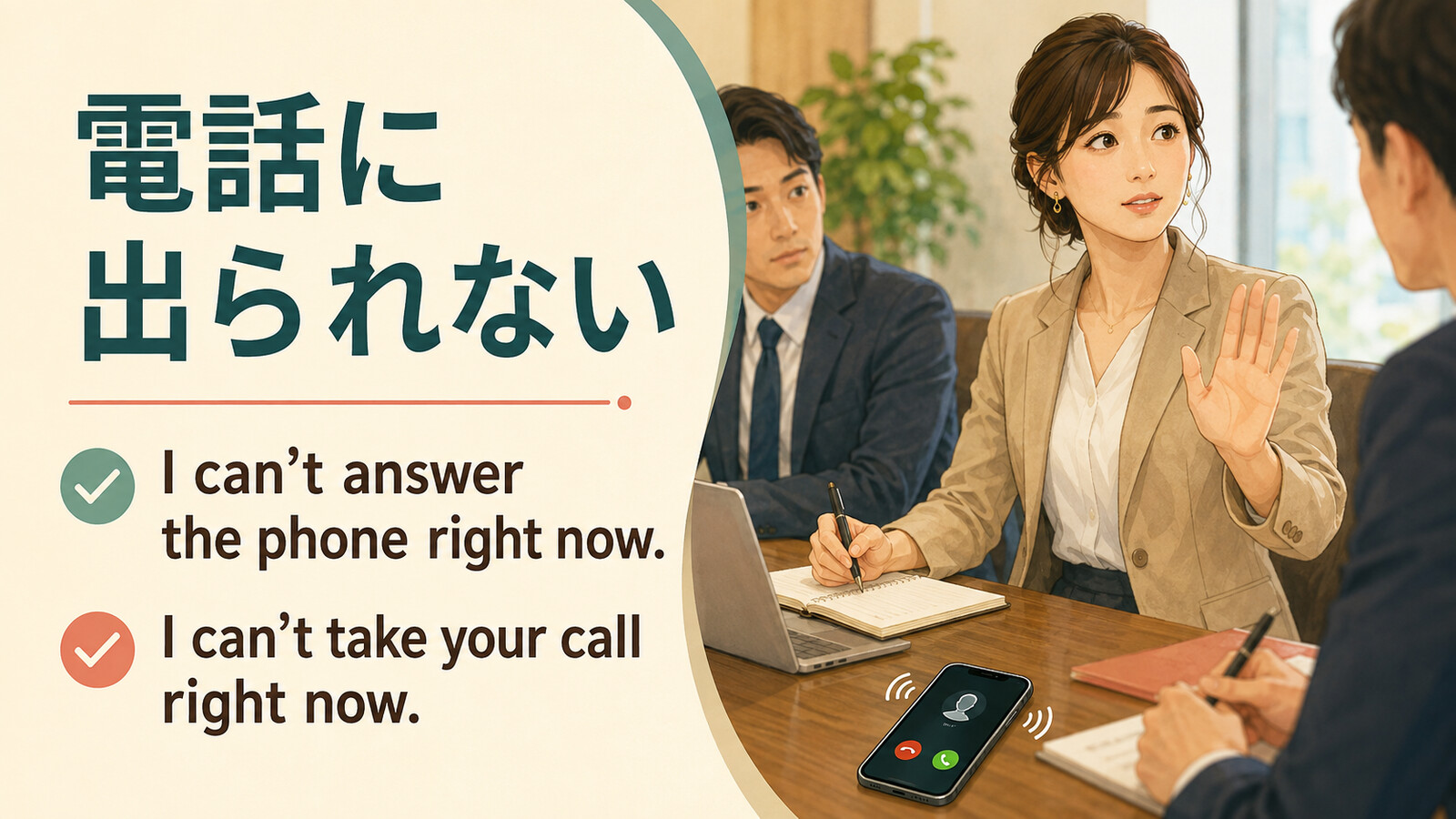 電話に出られない英語 I can't answer the phone right now と I can't take your call right now