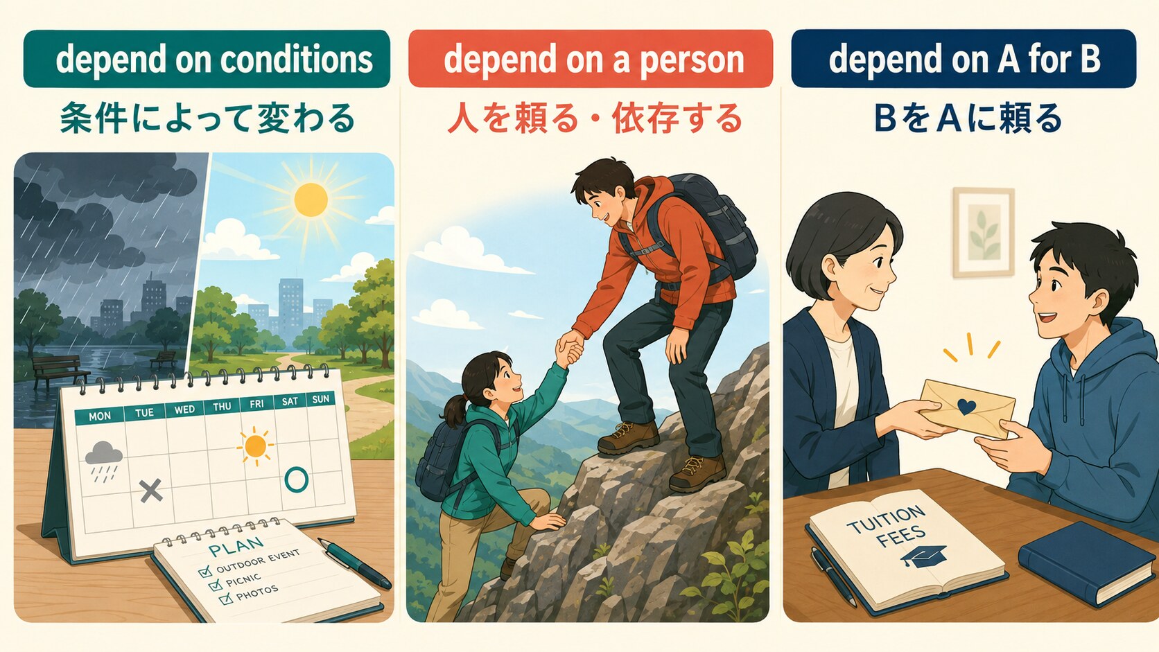 depend on conditions、depend on a person、depend on A for Bの違いを示す図