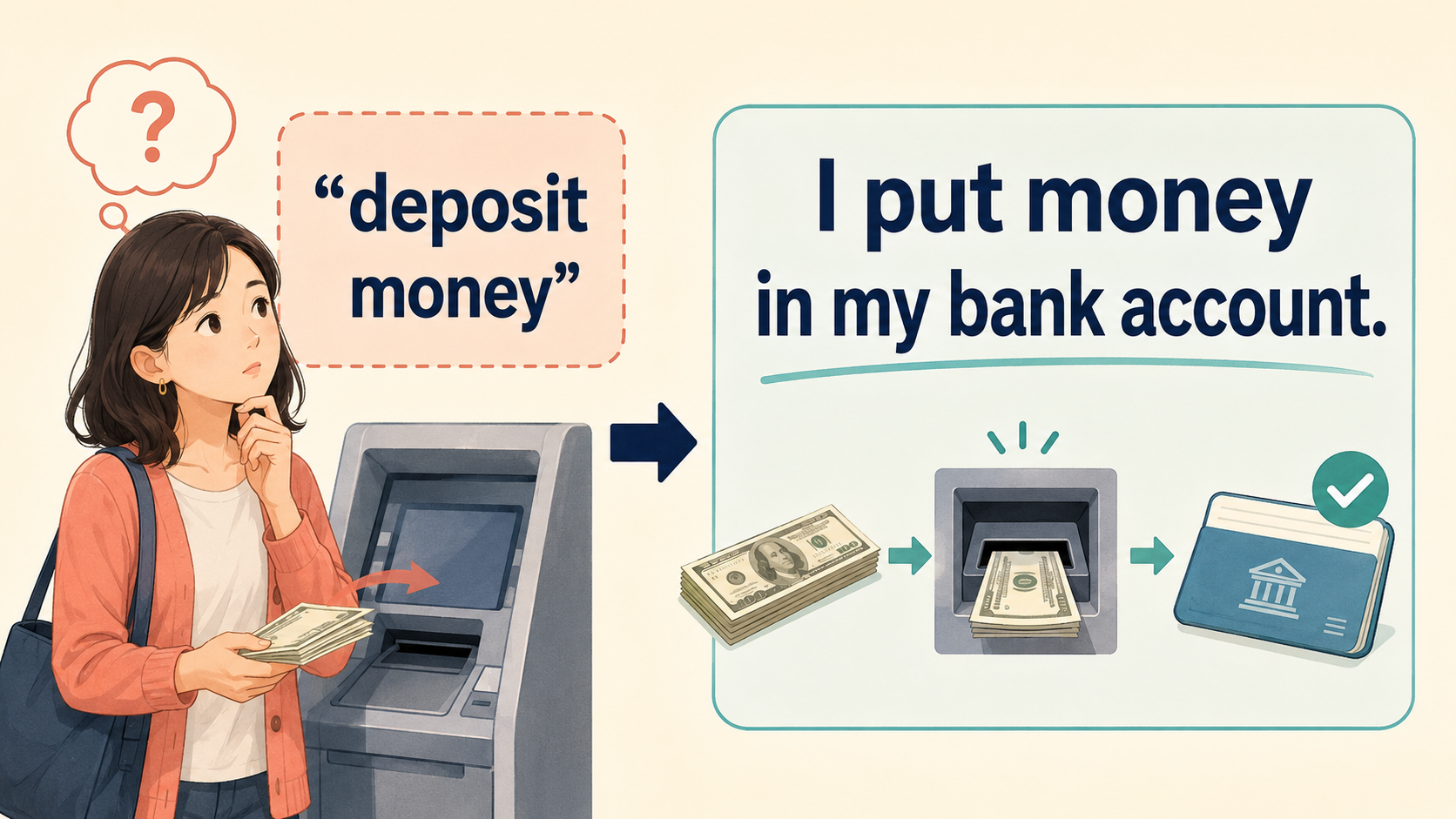 deposit moneyをI put money in my bank accountと言い換える考え方
