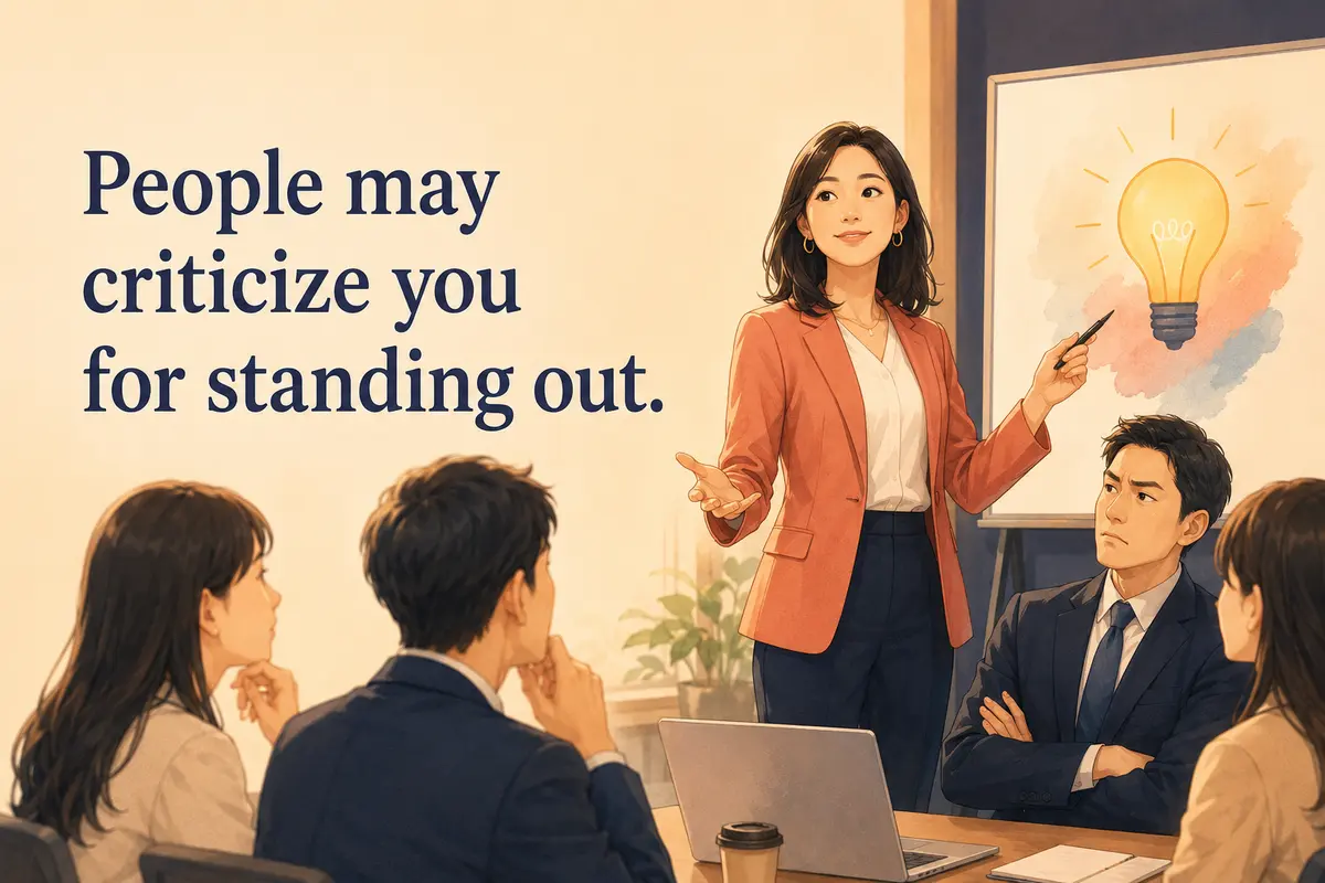 People may criticize you for standing out. の意味を表す初心者向け英語イラスト