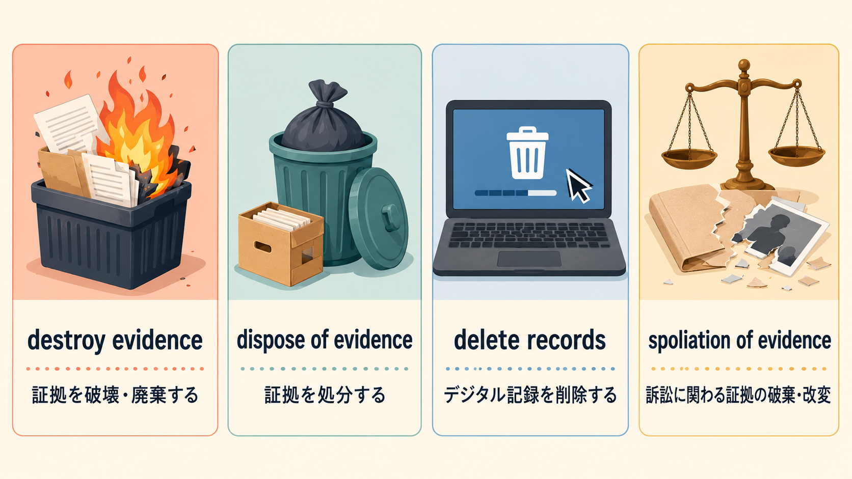 destroy evidence、dispose of evidence、delete records、spoliation of evidenceの違い
