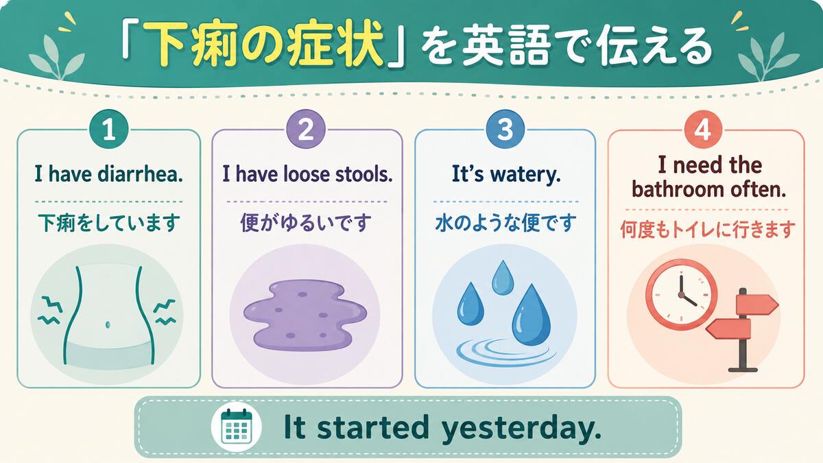 下痢、ゆるい便、水様便、頻繁にトイレへ行く症状の英語表現