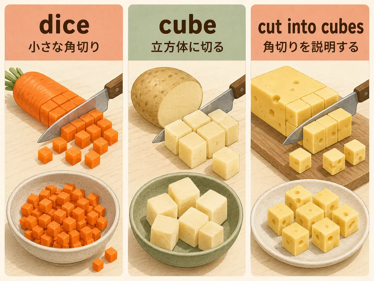 にんじんのdice・じゃがいものcube・チーズのcut into cubesを比較する解説イラスト