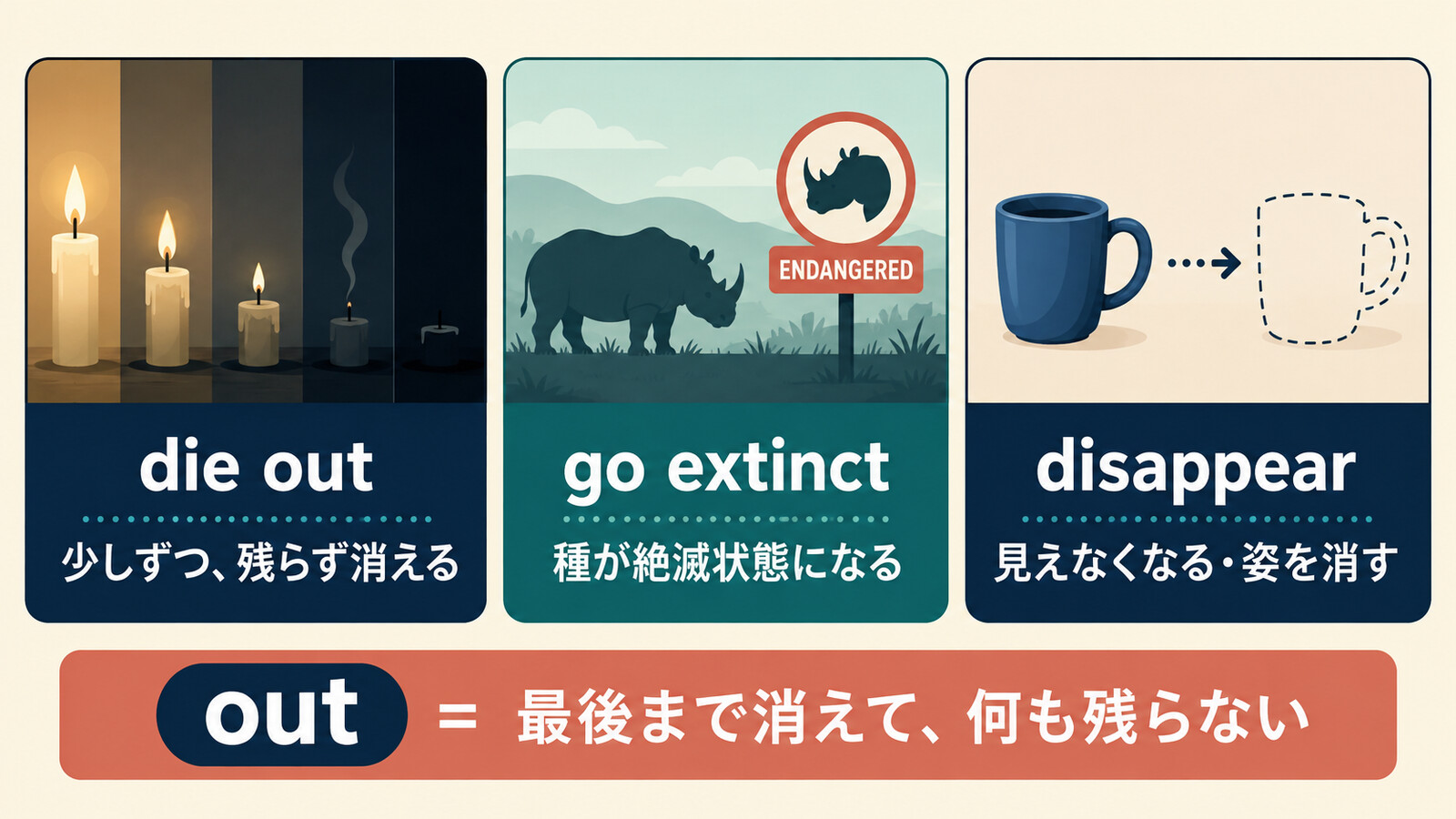 die outの意味は？「絶滅する・廃れる」の使い方とgo extinctとの違い