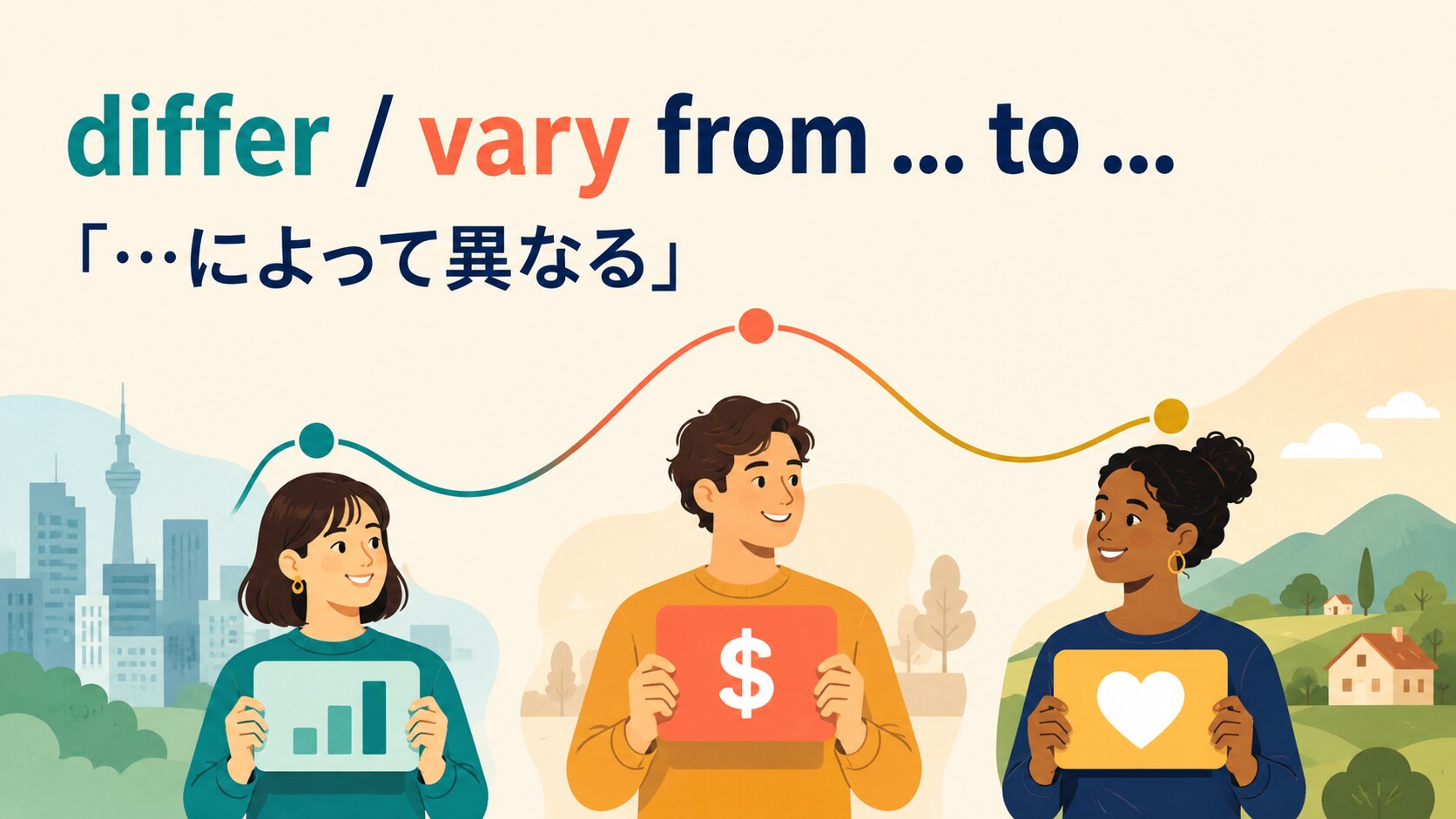 differ・vary from ... to ...は人や場所によって異なると示すイラスト