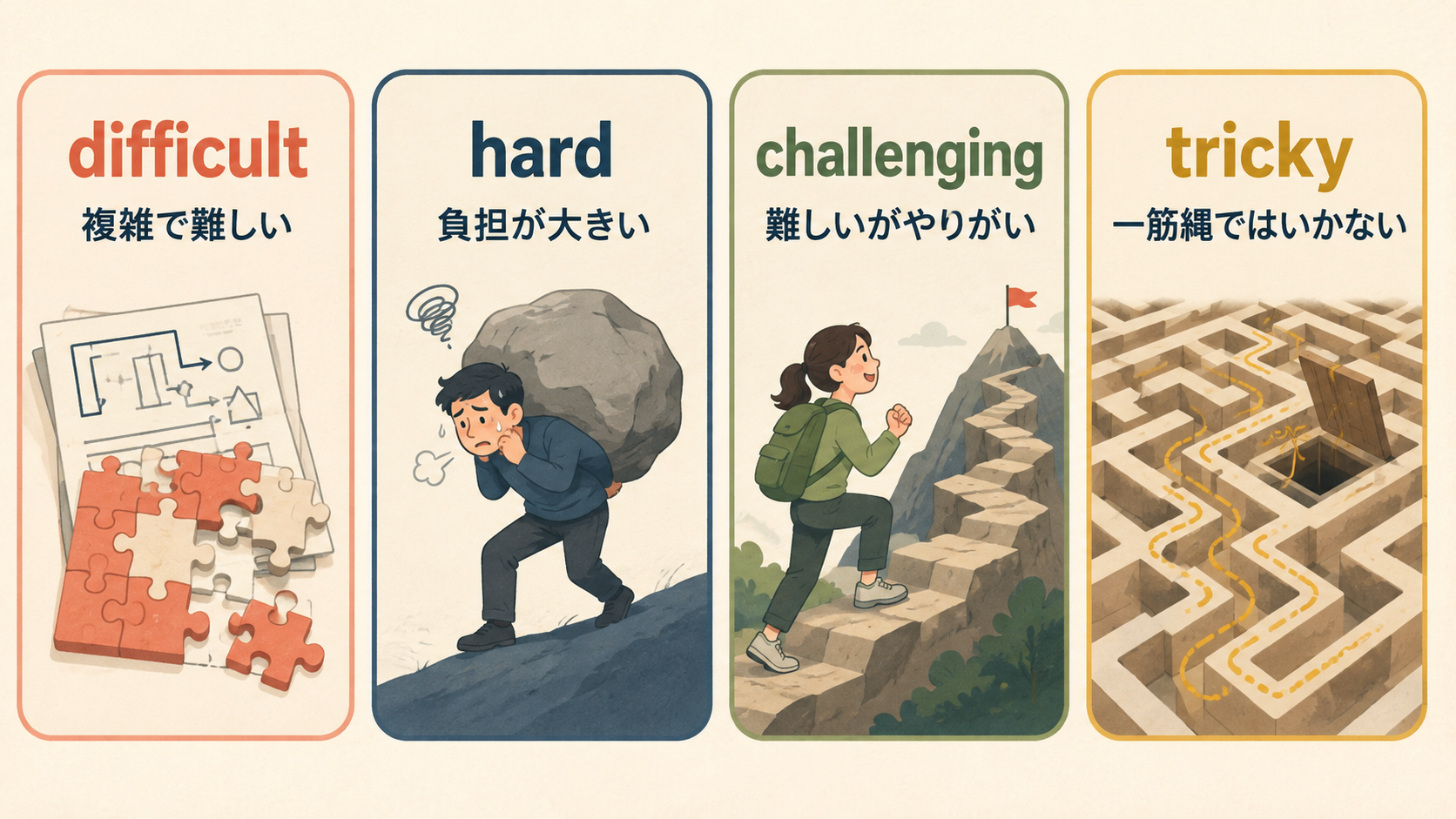 difficult・hard・challenging・trickyの違いを示す比較イラスト