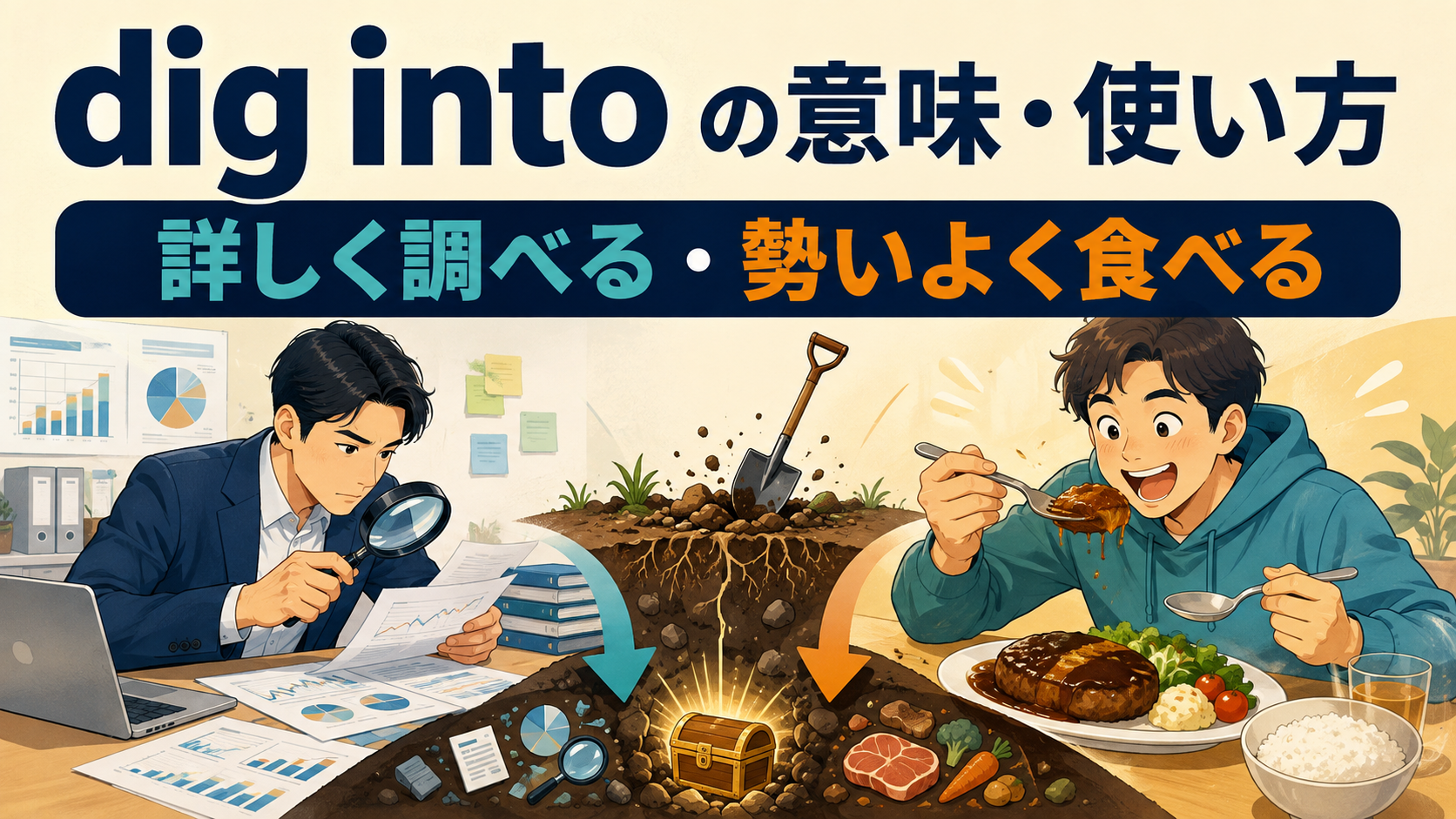 dig intoの意味は？「詳しく調べる・勢いよく食べる」の使い方と語順