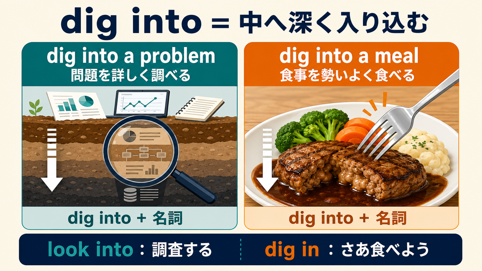 dig into a problemとdig into a mealの意味・語順を比較した解説図