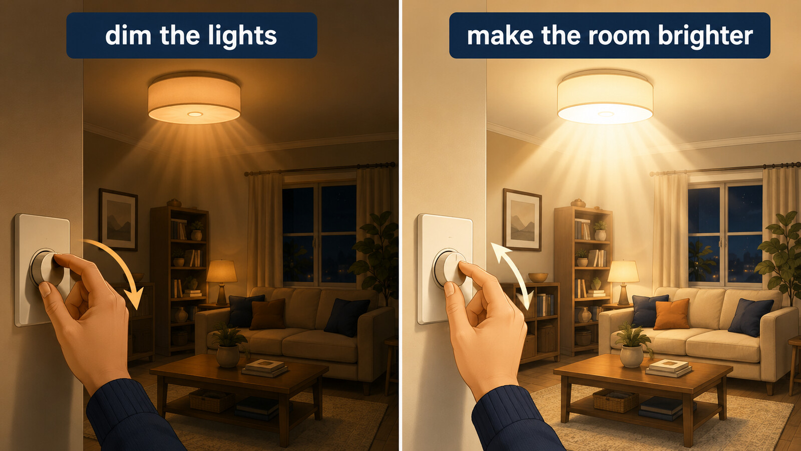 照明を暗くするdim the lightsと部屋を明るくするmake the room brighterの比較
