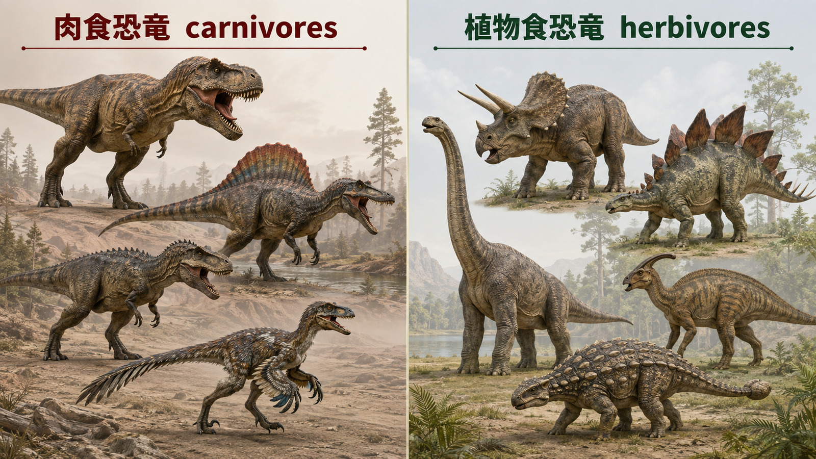 肉食恐竜carnivoresと植物食恐竜herbivoresを左右に分けた比較イラスト