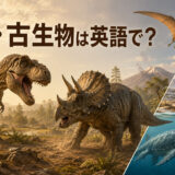 恐竜・古生物は英語で？ティラノサウルス、トリケラトプス、翼竜、海生爬虫類、マンモスの総合イメージ