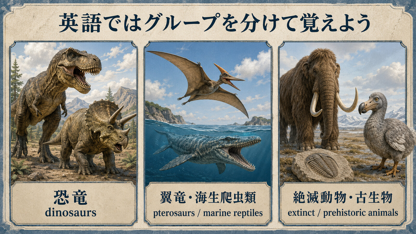 恐竜 dinosaurs、翼竜・海生爬虫類 pterosaurs and marine reptiles、絶滅動物・古生物 extinct and prehistoric animalsの3分類