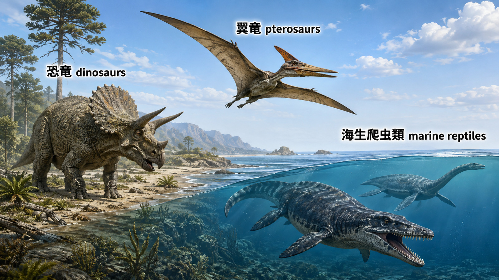 恐竜dinosaurs・翼竜pterosaurs・海生爬虫類marine reptilesを陸・空・海で比較した図