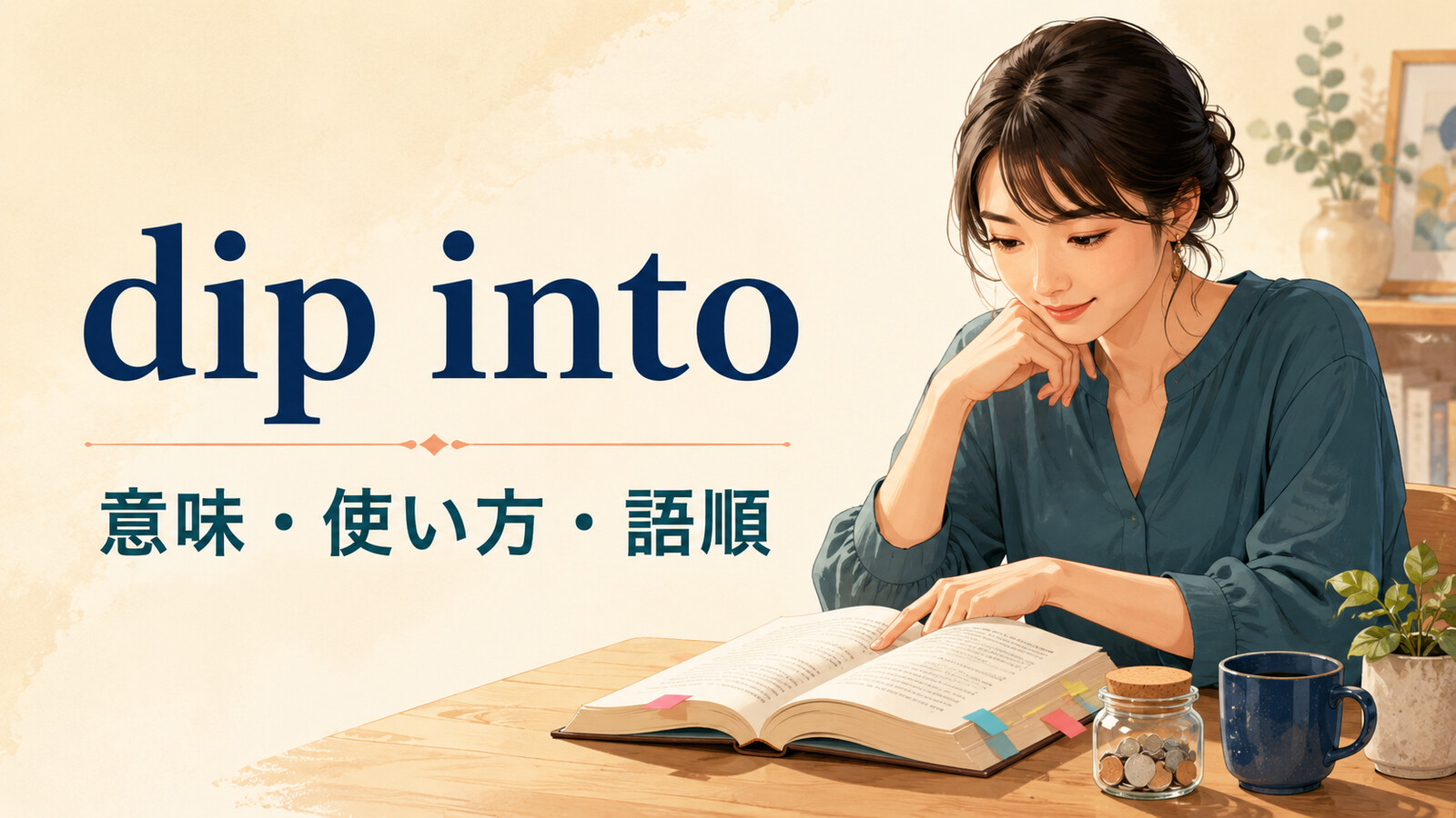 dip intoの意味・使い方・語順を示すアイキャッチ画像