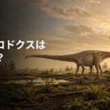 ジュラ紀の平原を歩く長い首と尾をもつディプロドクスと「ディプロドクスは英語で?」の文字
