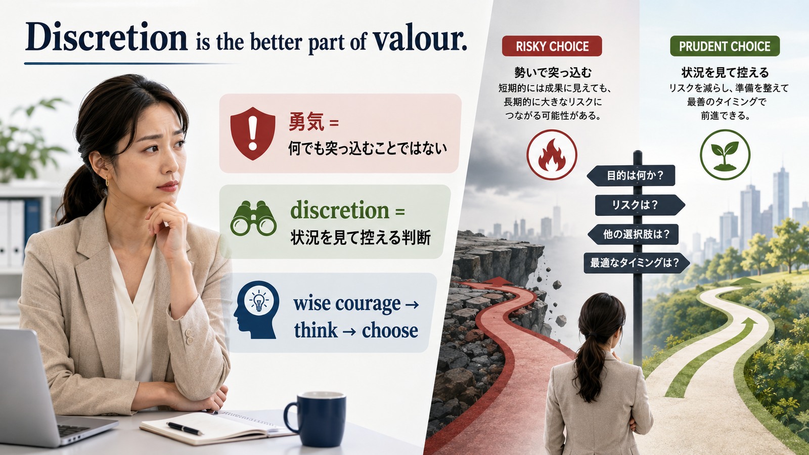 Discretion is the better part of valour.の直訳・ニュアンス・注意点を比較する解説イラスト