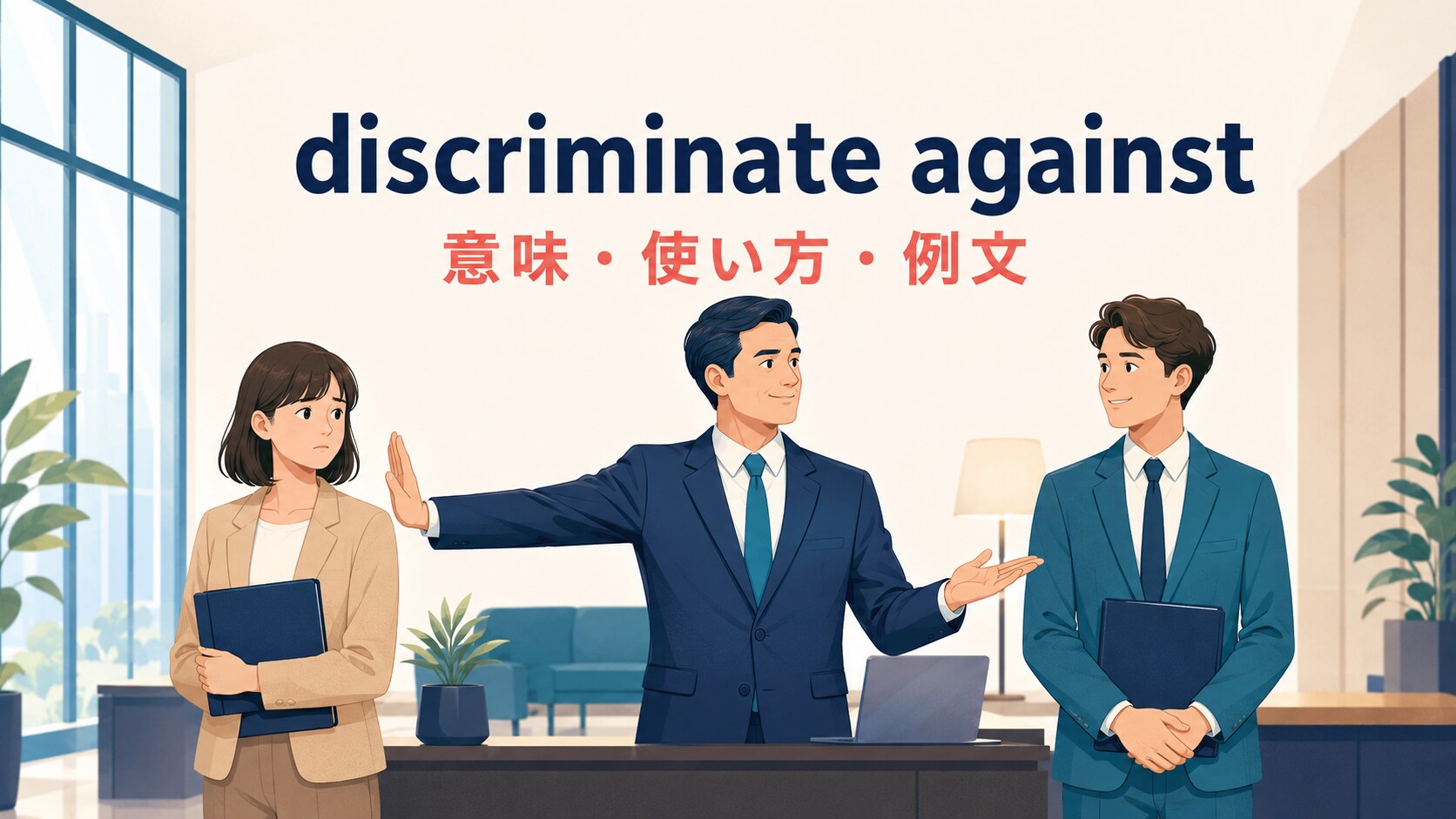 discriminate againstの意味・使い方・例文を示す職場のイラスト