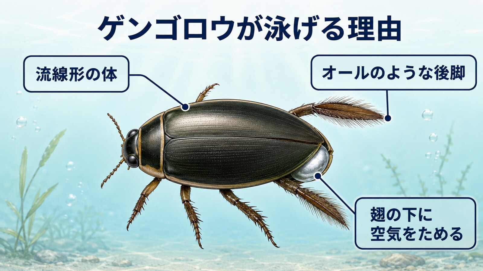 ゲンゴロウが泳げる理由 流線形の体・オールのような後脚・翅の下にためる空気を示す図
