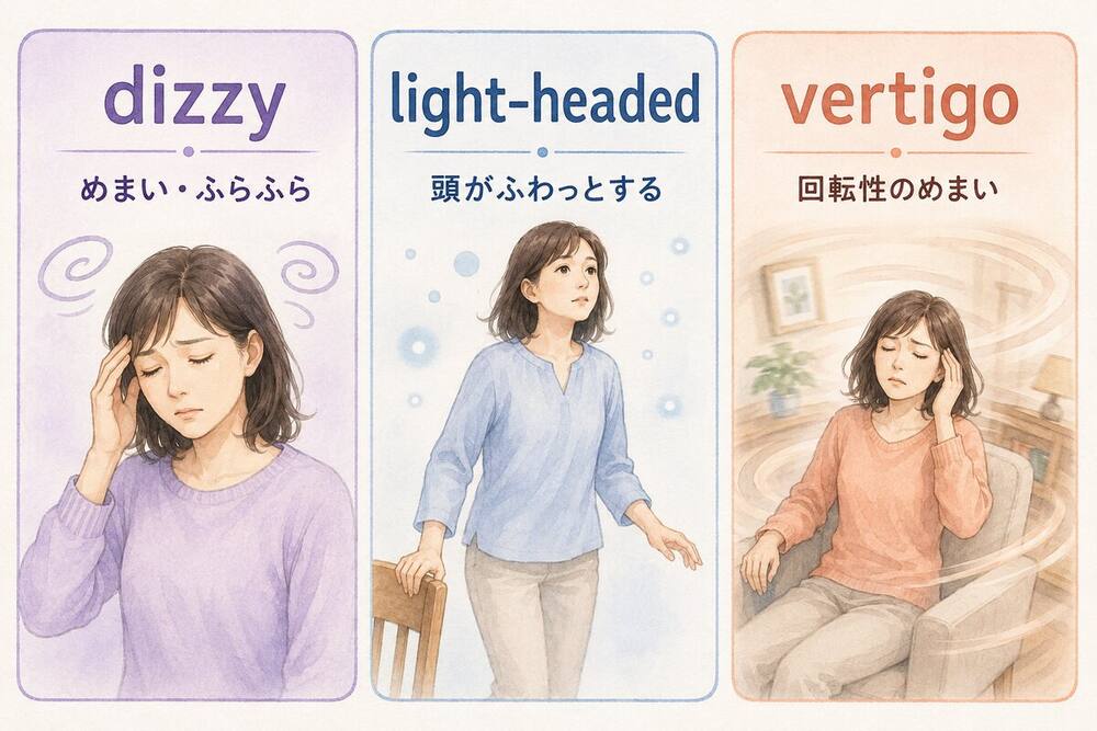 dizzy・light-headed・vertigoの違いを示す比較イラスト