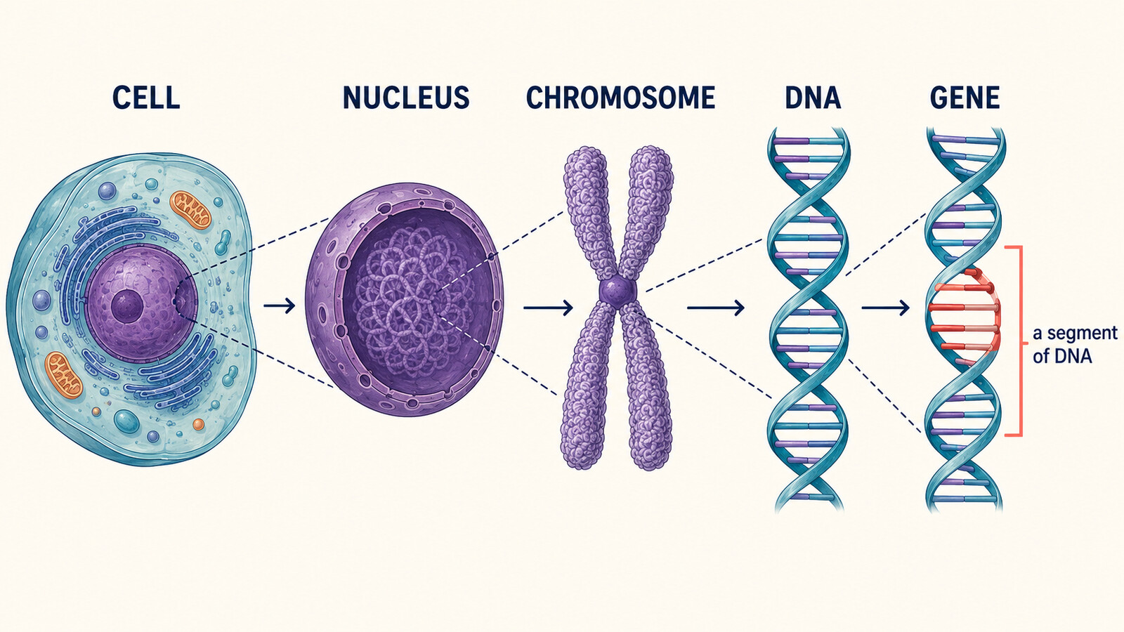 cell、nucleus、chromosome、DNA、geneの位置関係とgeneがDNAの一部であることを示す英語図解