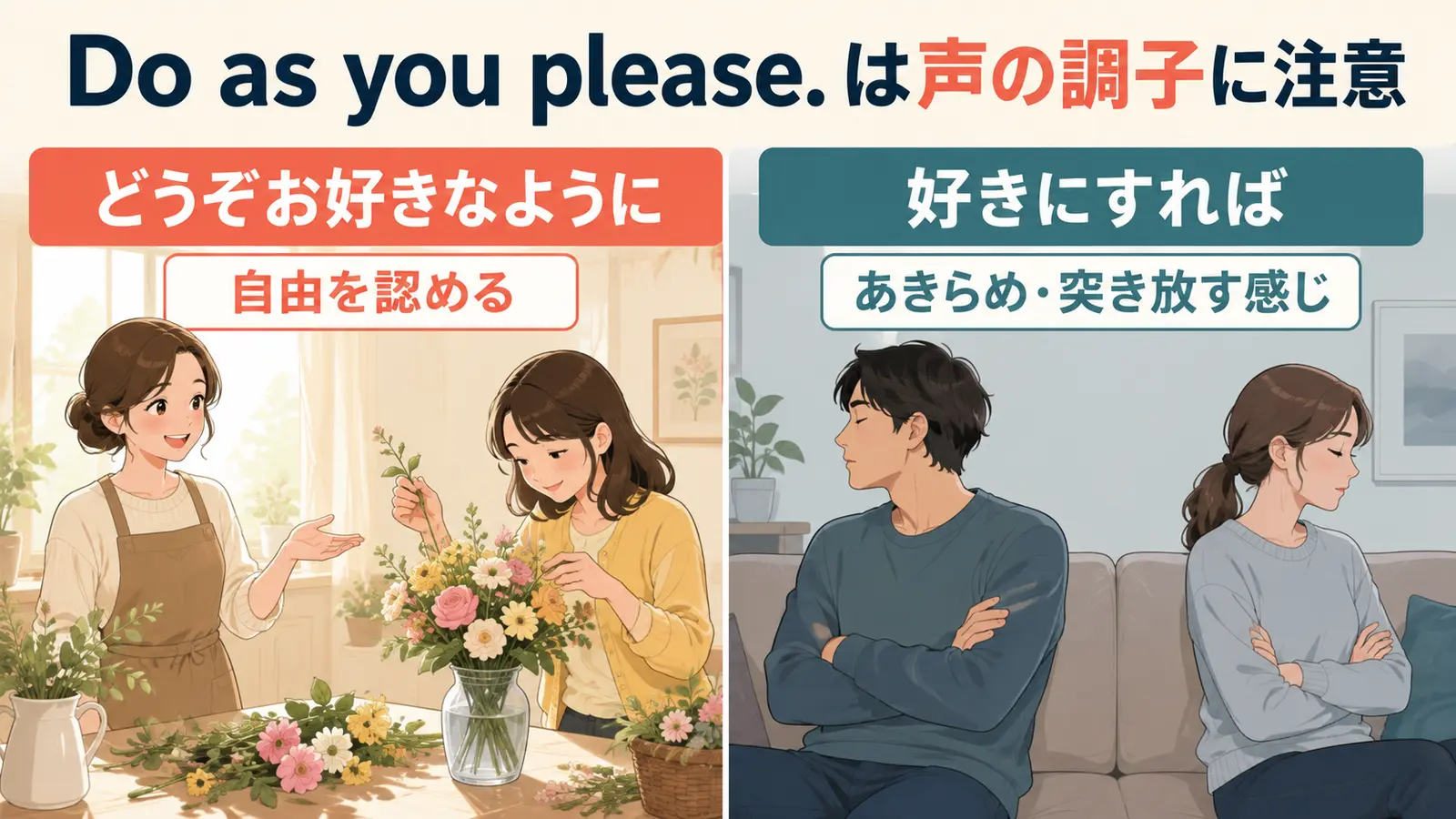 Do as you please.の友好的な許可と冷たい突き放しを比較するイラスト