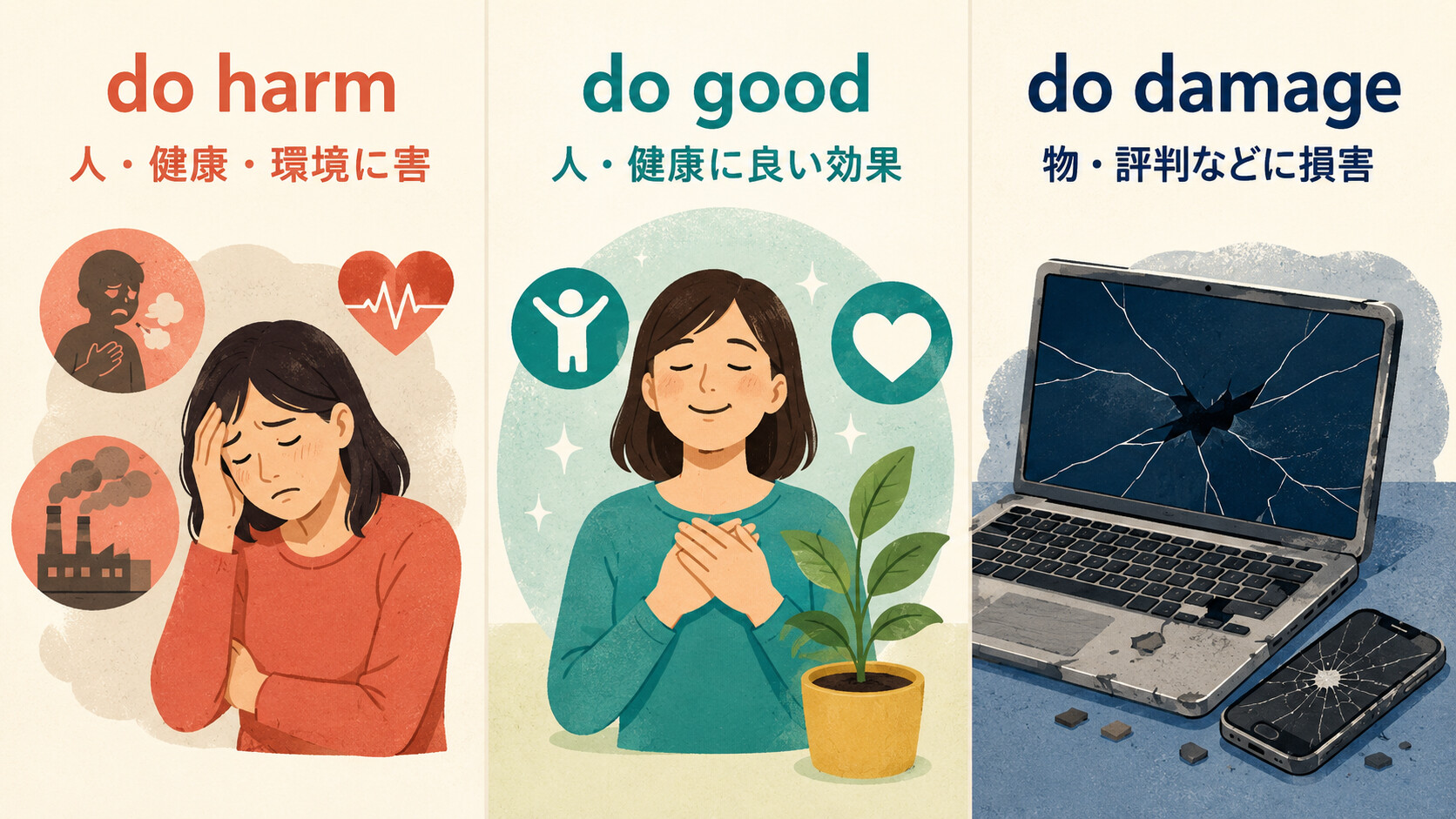 do harmは害、do goodは良い効果、do damageは損害を表す比較図