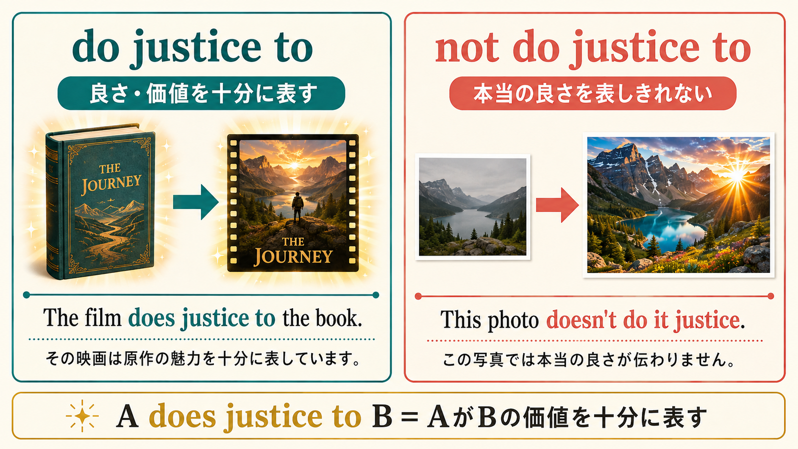 do justice toの肯定形とnot do justice toの否定形・語順・例文の比較